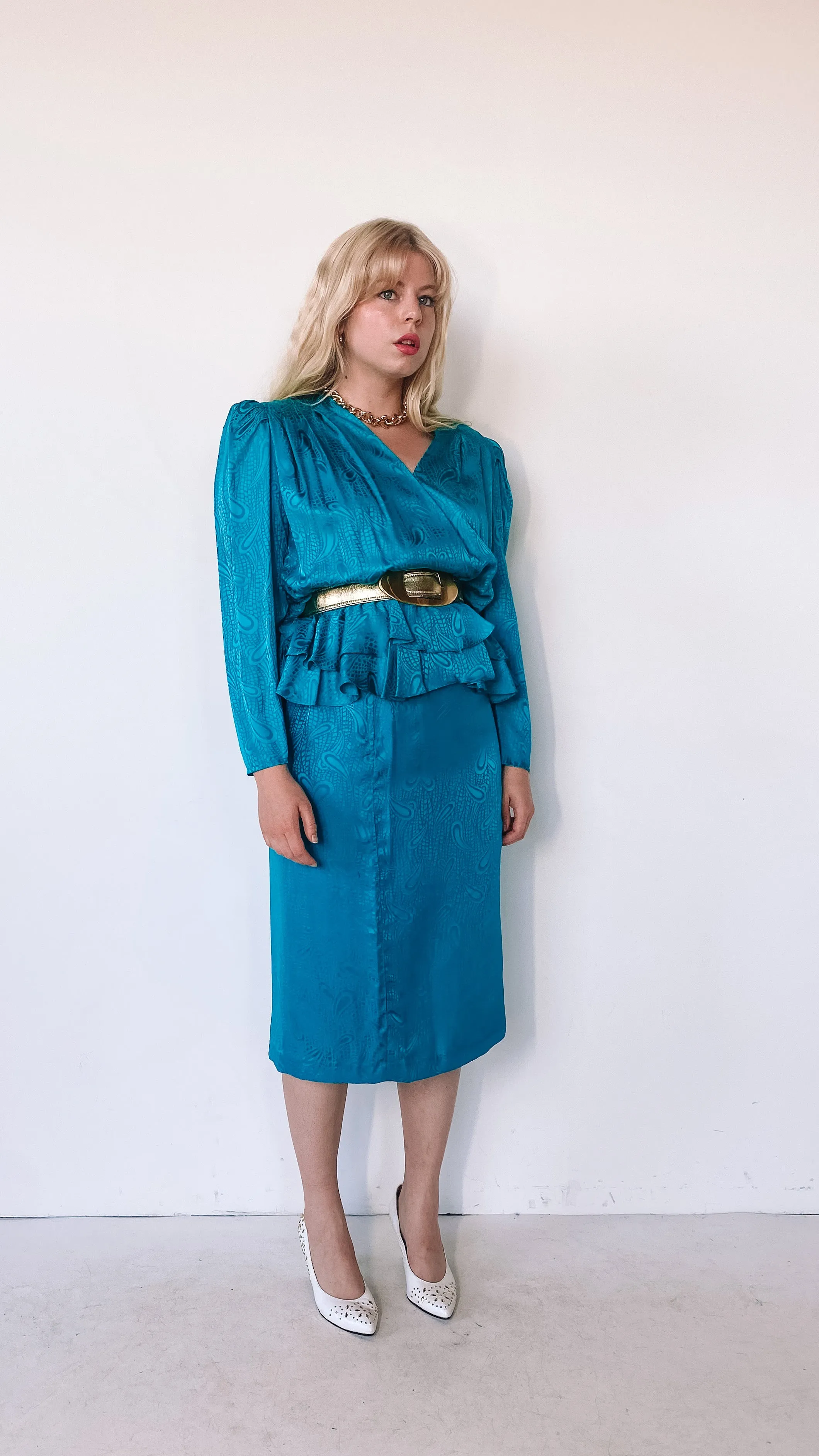 1980s Silk Teal Skirt and Blouse Set, sz. M