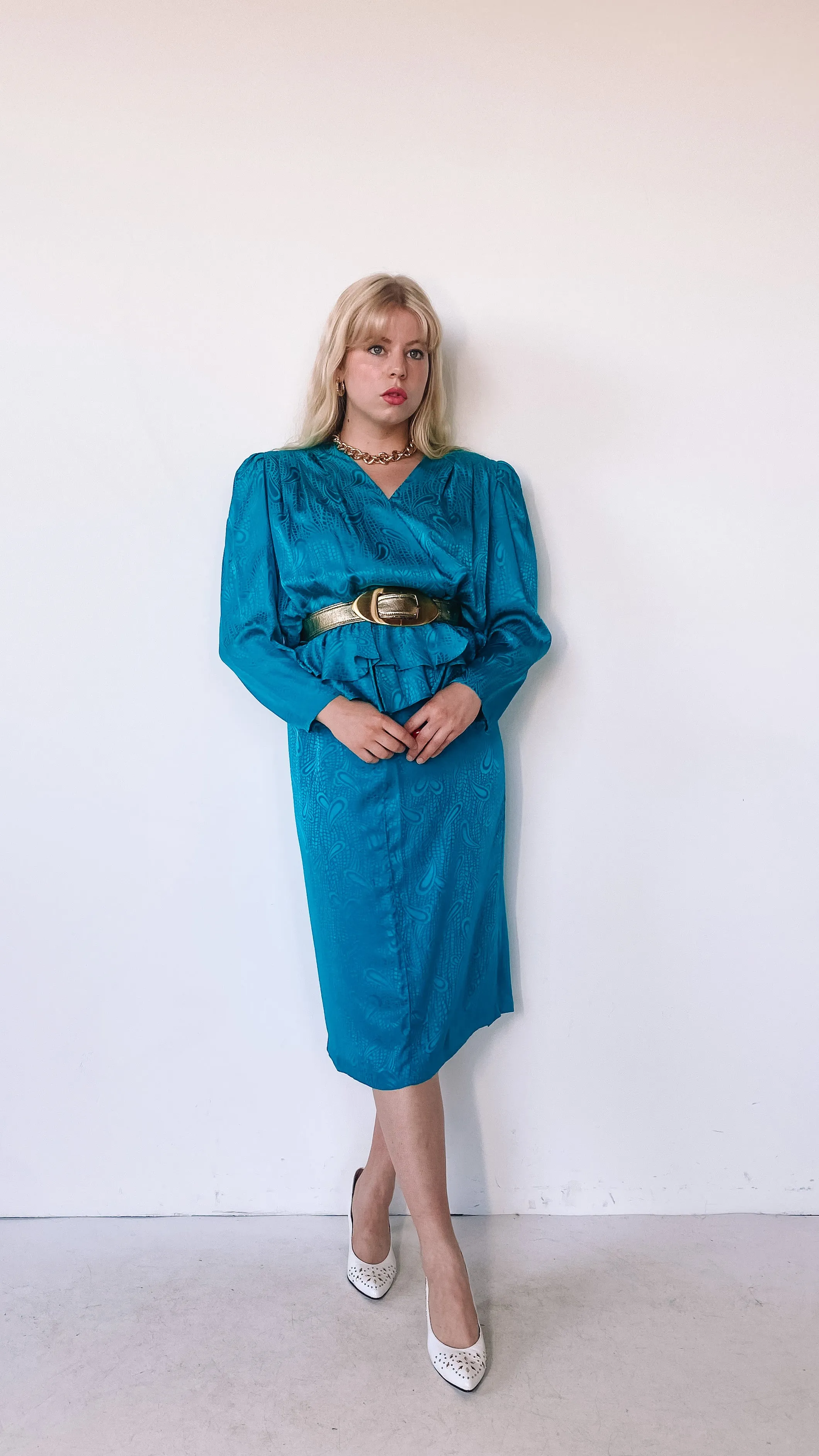 1980s Silk Teal Skirt and Blouse Set, sz. M