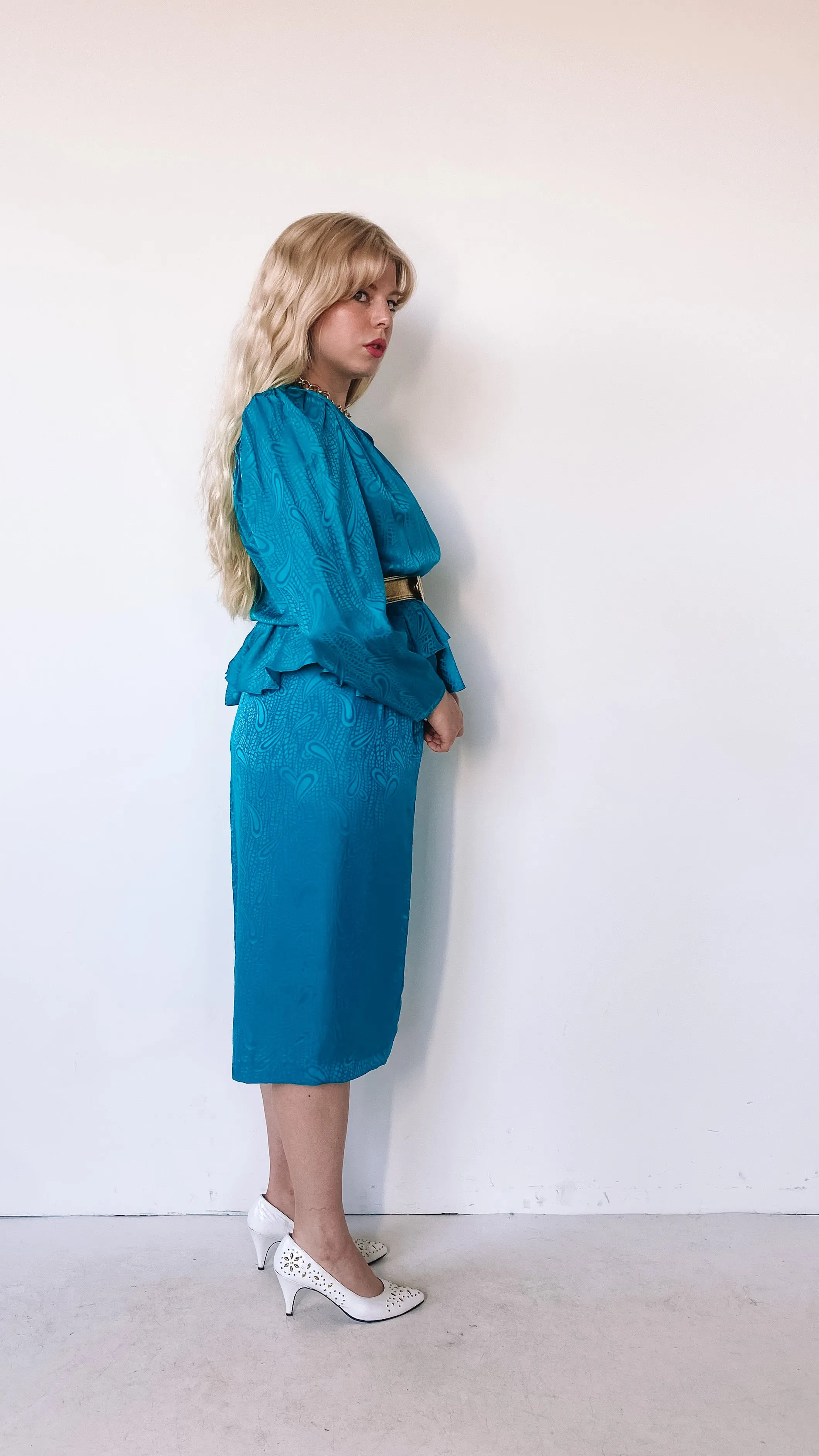 1980s Silk Teal Skirt and Blouse Set, sz. M
