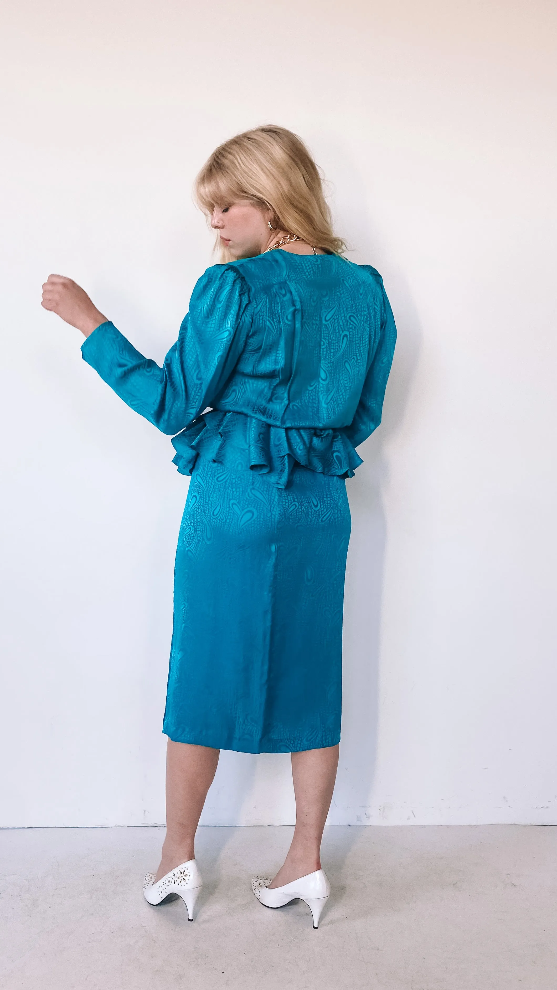 1980s Silk Teal Skirt and Blouse Set, sz. M