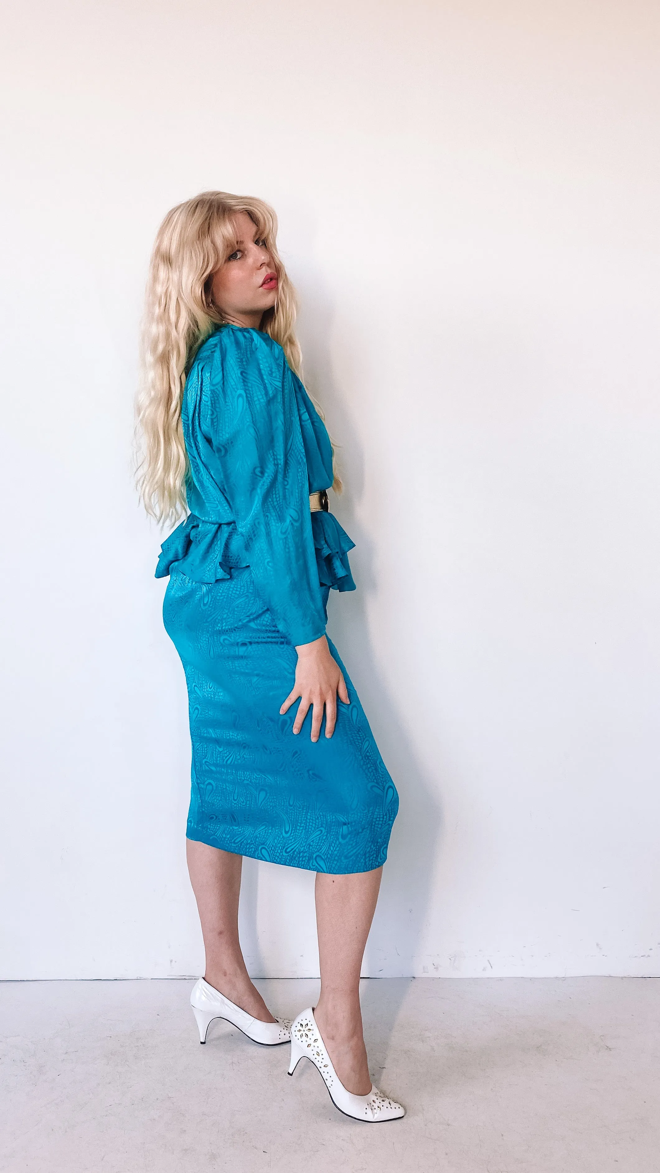 1980s Silk Teal Skirt and Blouse Set, sz. M