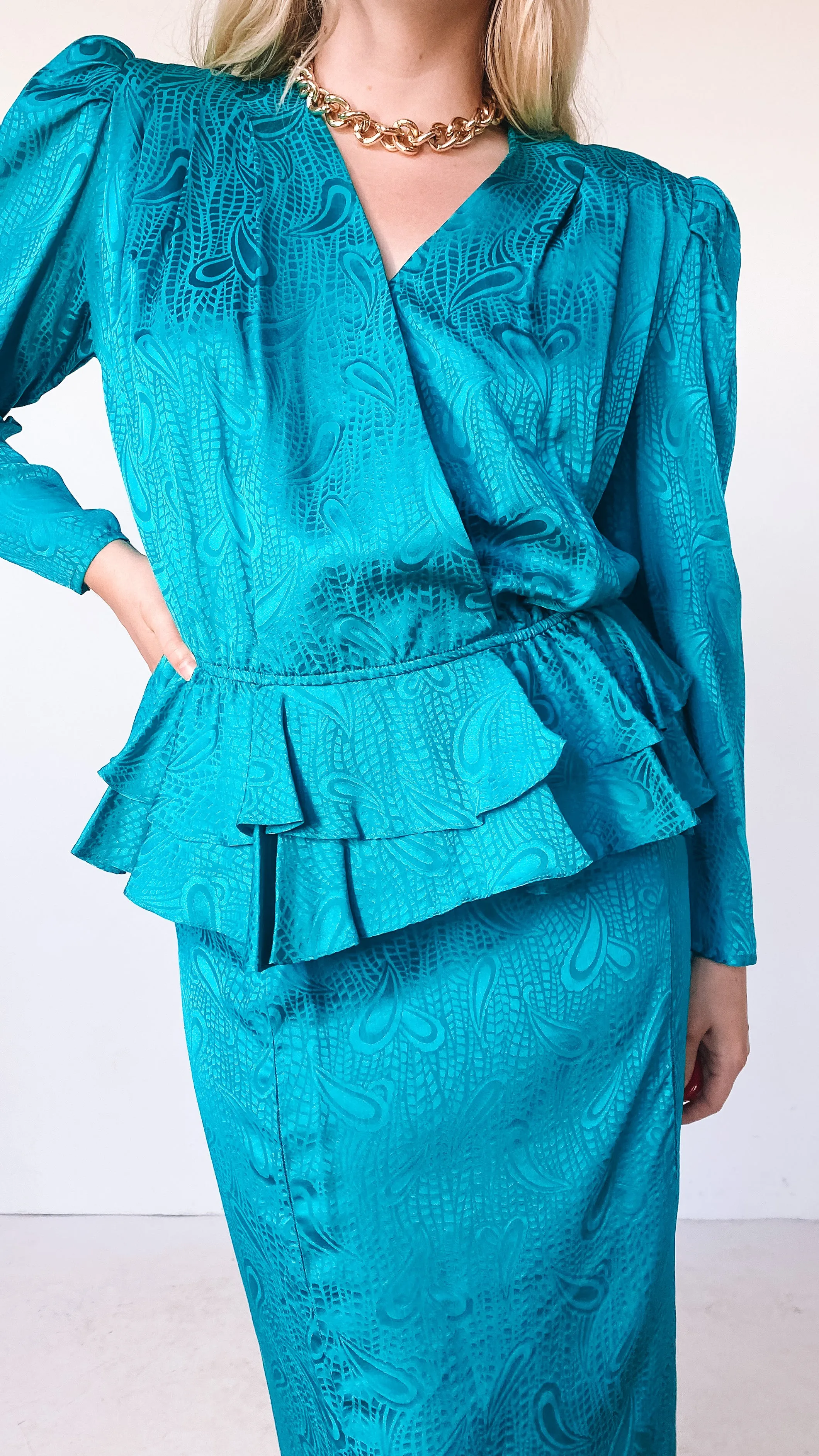1980s Silk Teal Skirt and Blouse Set, sz. M