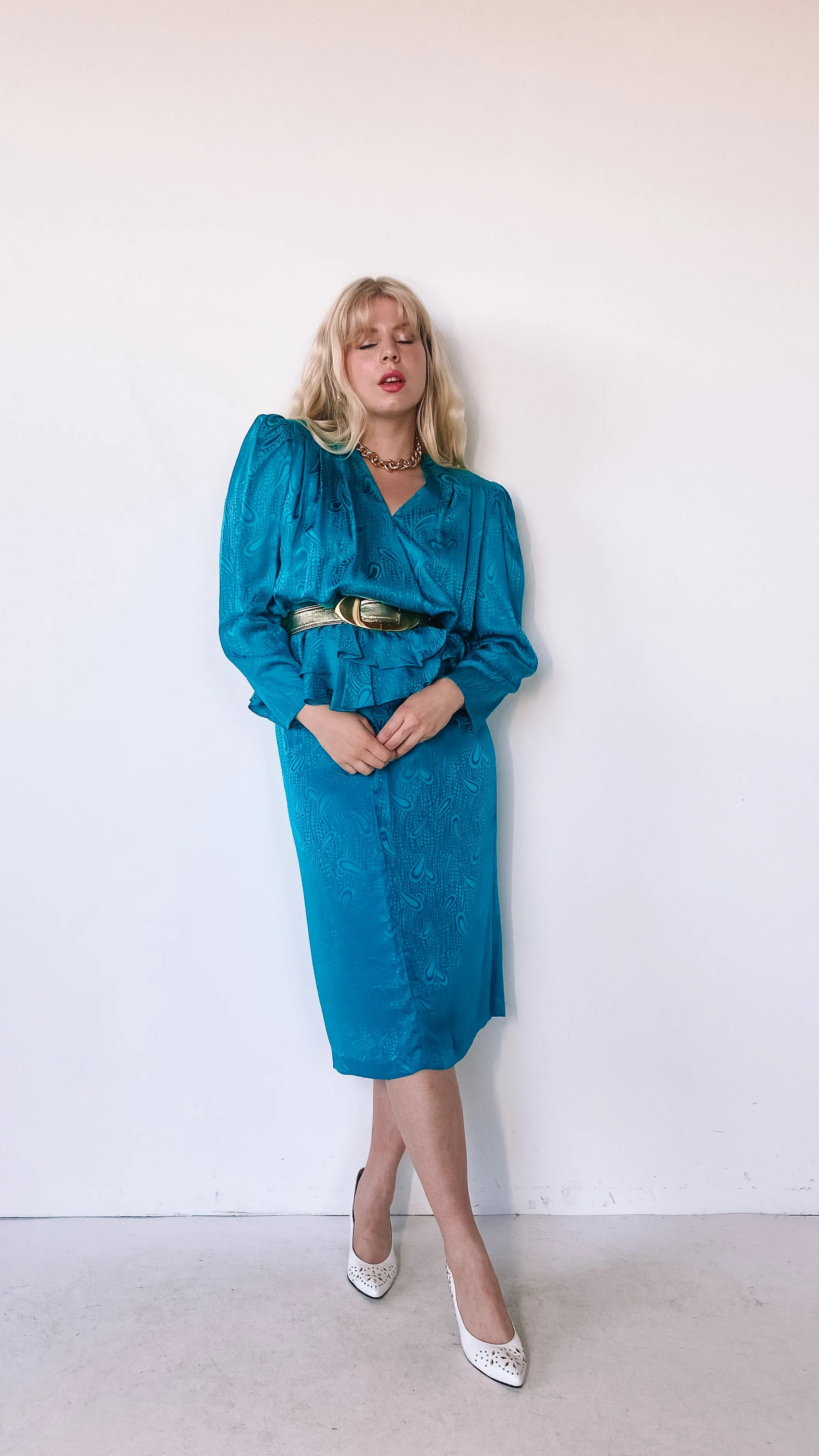 1980s Silk Teal Skirt and Blouse Set, sz. M