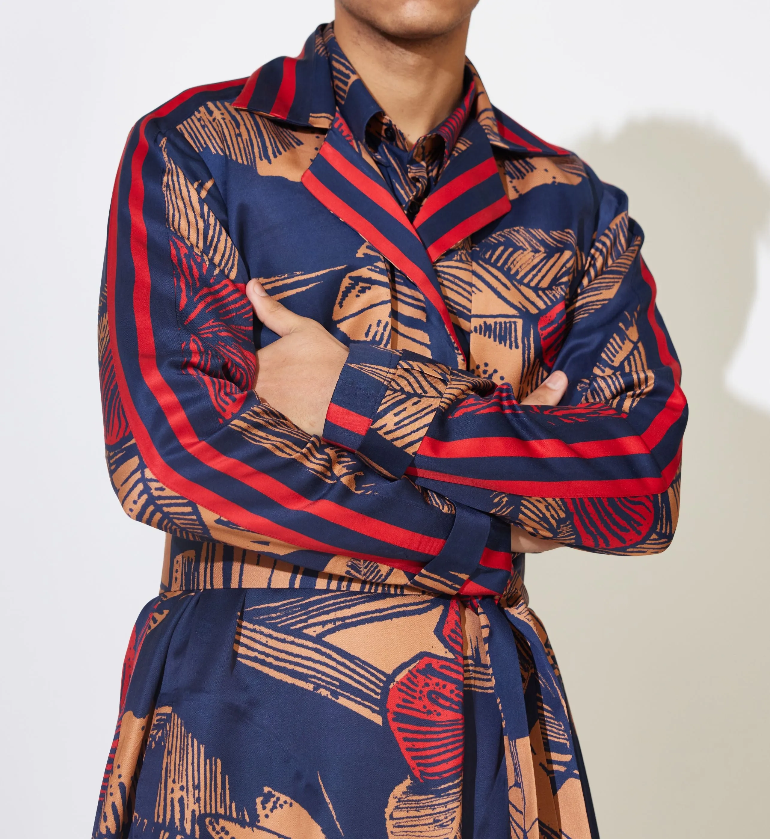 BLUE, RUST AND RED FLORAL TRENCH CAPE
