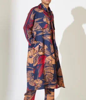 BLUE, RUST AND RED FLORAL TRENCH CAPE