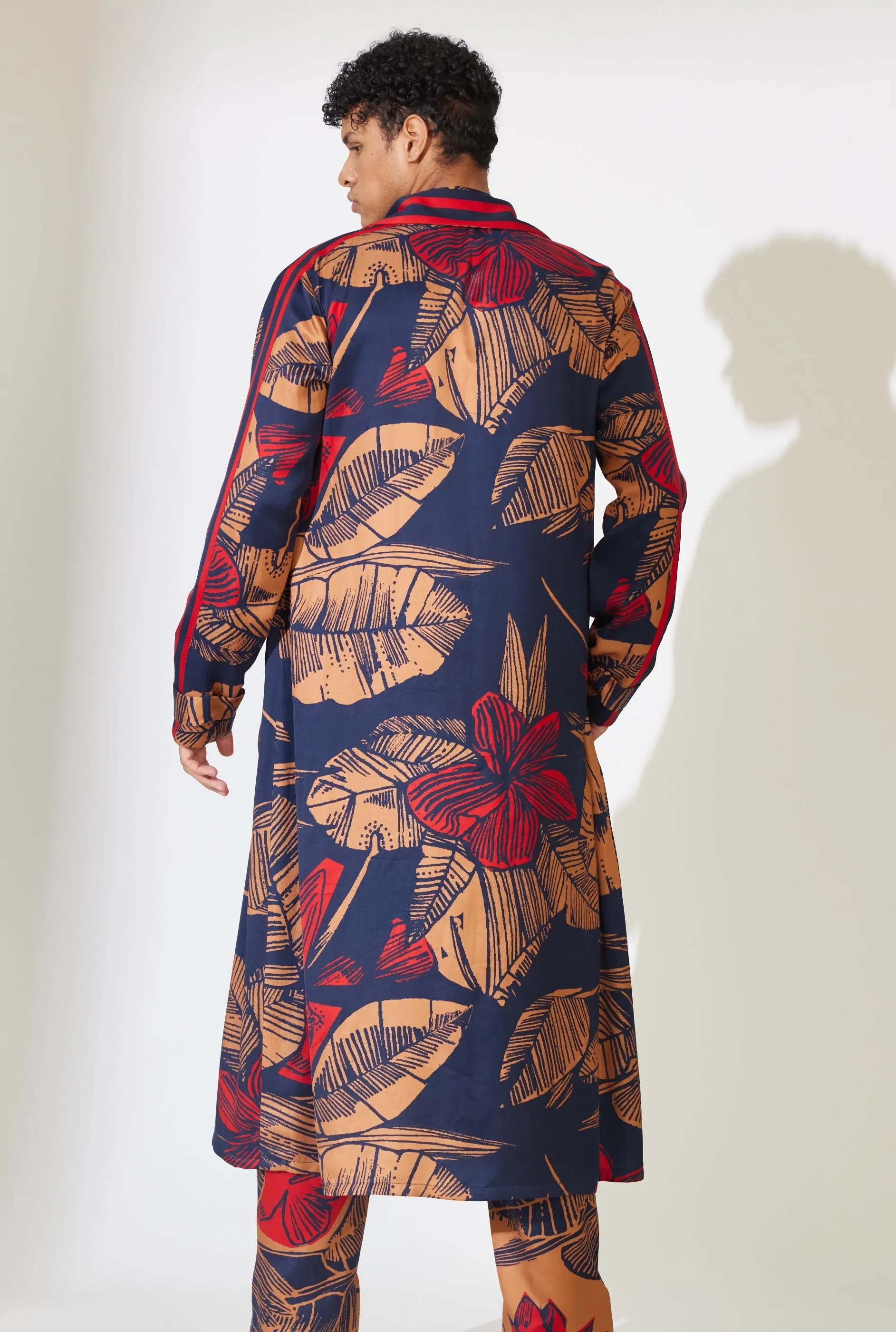 BLUE, RUST AND RED FLORAL TRENCH CAPE