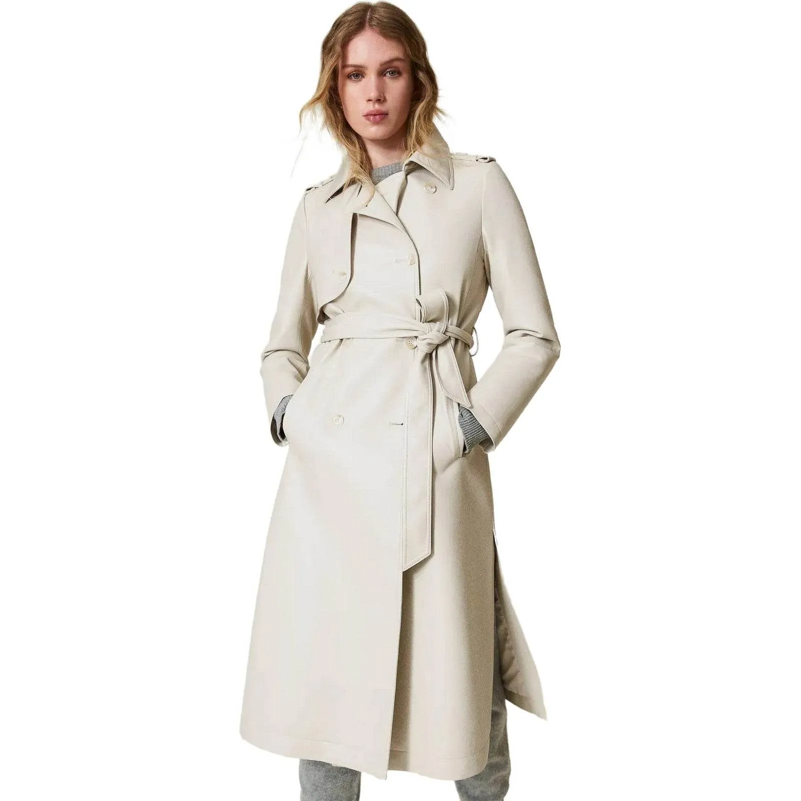 Cappotti Donna Twinset - Trench Spalmato Con Cintura - Bianco