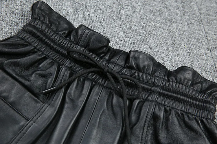 Fashion Drawstring Pocket Casual Leather Sheepskin Shorts