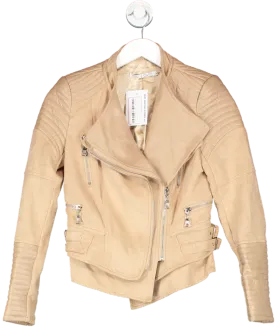 Ivory & Chain Beige Luxe Vegan Leather & Soft Faux Suede Biker Jacket UK 6