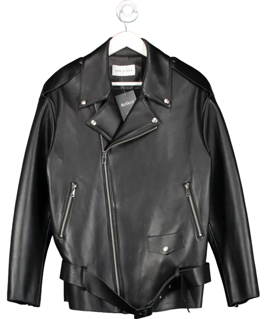 JANE & TASH Black Leather Aviator Jacket UK S