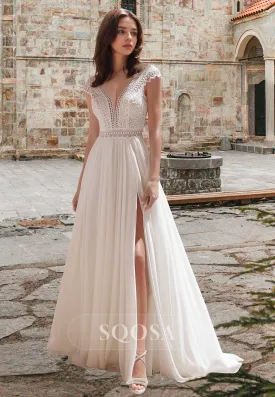 Lace Applique Cutout Pleated Bride Gowns Deep V-Neck Cap-Sleeves Chiffon A-Line Wedding Dress