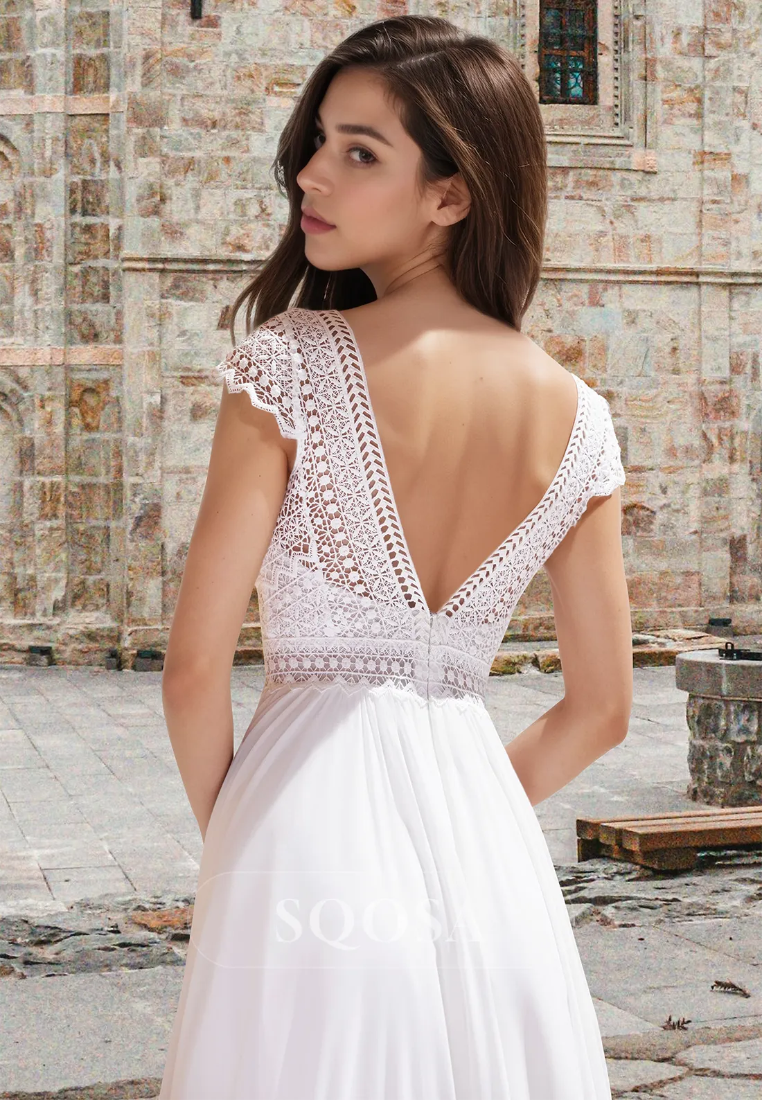 Lace Applique Cutout Pleated Bride Gowns Deep V-Neck Cap-Sleeves Chiffon A-Line Wedding Dress
