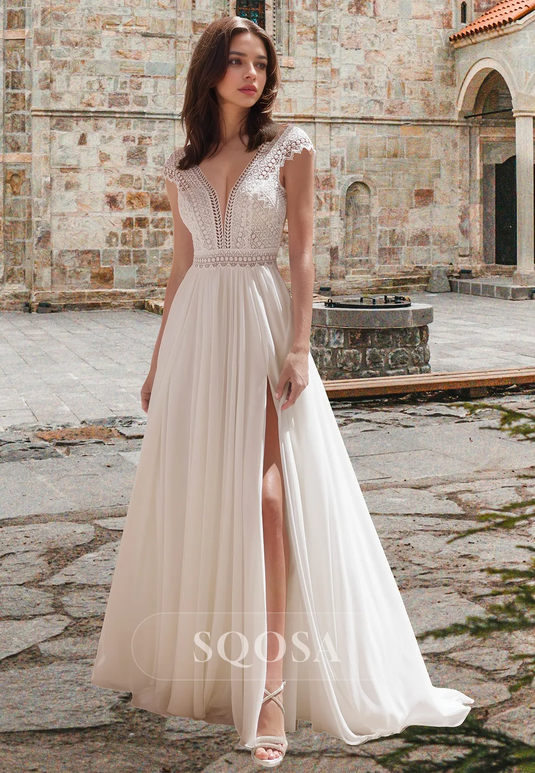 Lace Applique Cutout Pleated Bride Gowns Deep V-Neck Cap-Sleeves Chiffon A-Line Wedding Dress