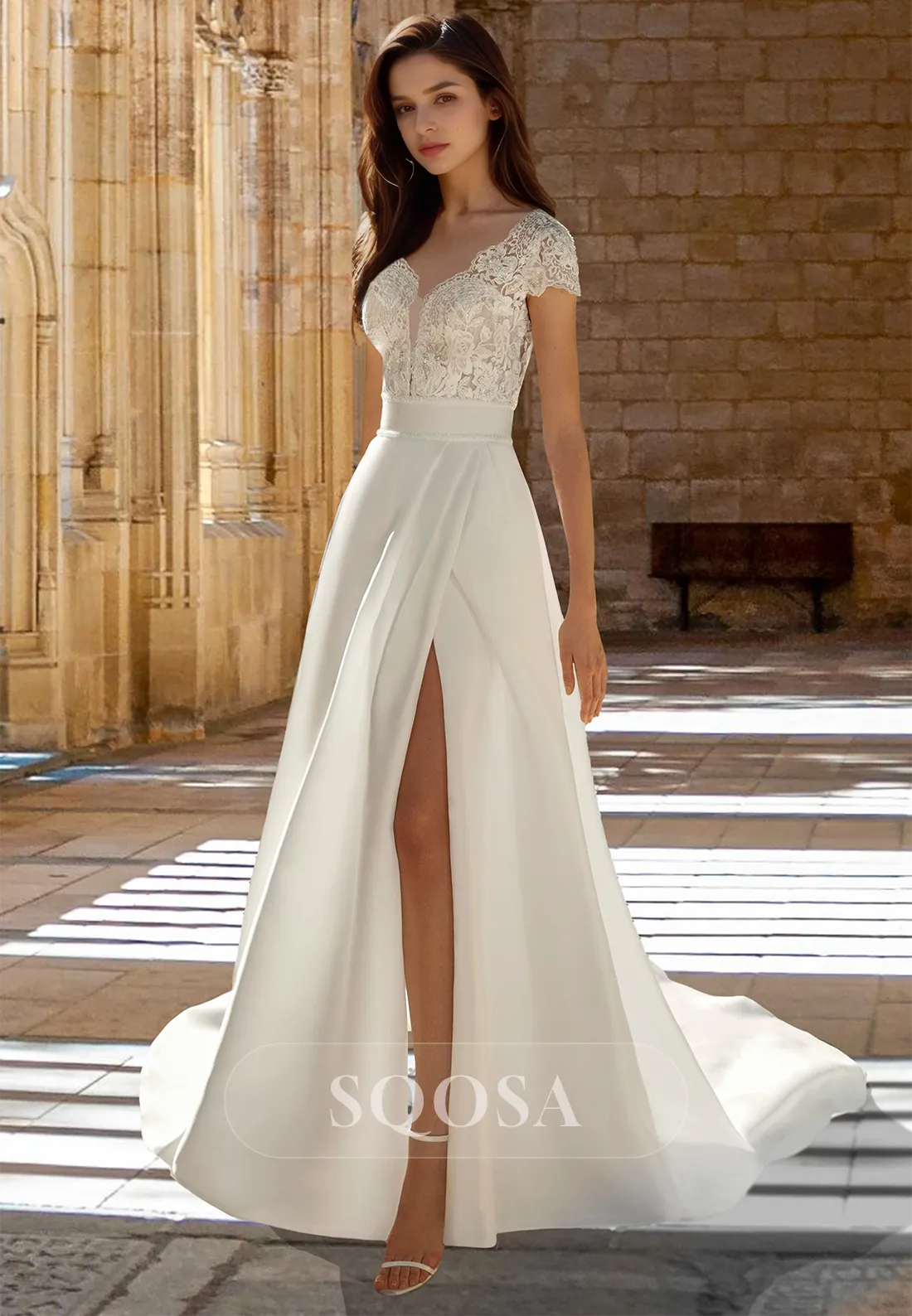 Lace Applique Pleated Cutout Bride Gowns V-Neck Cap-Sleeves Chiffon A-Line Wedding Dress with High Slit
