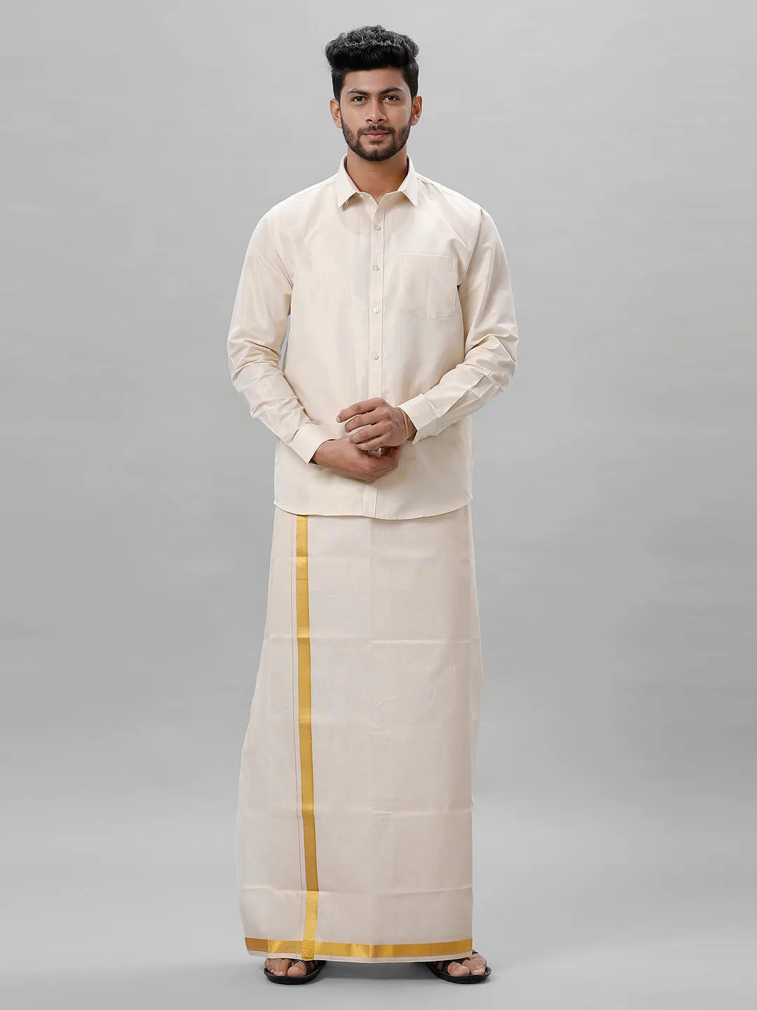 Like Father Like Son Full Sleeves Tissue Jari Shirt Dhoti Combo Sankalpam Gold