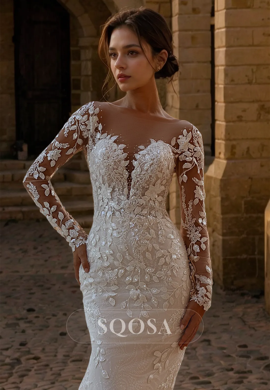 Long-Sleeves Scoop-Neck Allover Lace Bride Gowns Applique Beaded Cutout Mermaid Wedding Dress