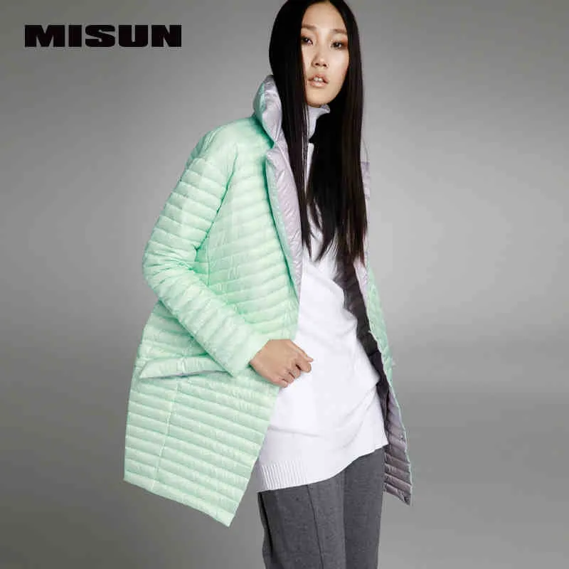 Misun2016 thin  down coat medium-long down female patchwork color block thermal jackt new arrival
