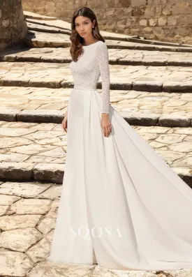 Scoop-Neck Long-Sleeves Pleated Satin Bride Gowns Blouson Lace Applique A-Line Wedding Dress