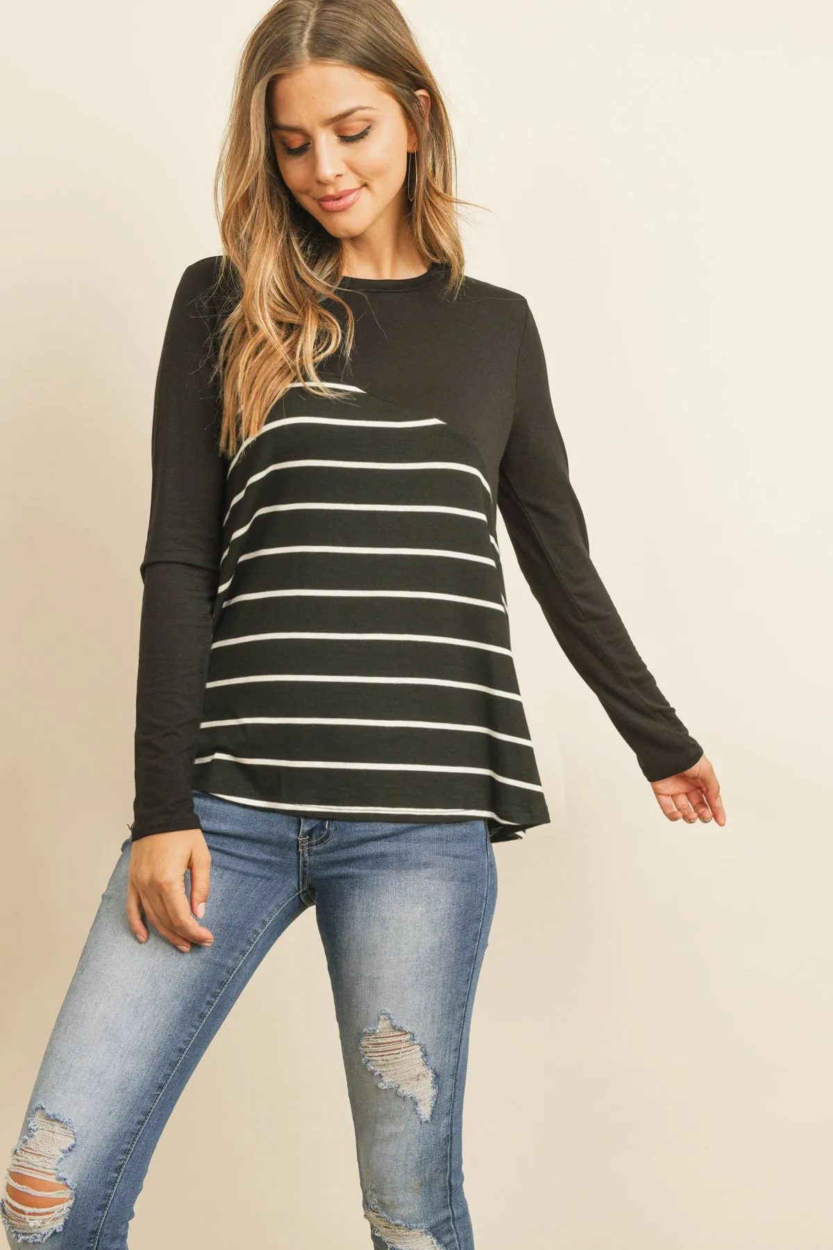 Solid Stripe Contrast Color Block Top