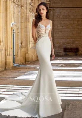 Spaghetti Straps Plunging V-Neck Sleeveless Bride Gowns Lace Applique Mermaid Prom Dress with Train