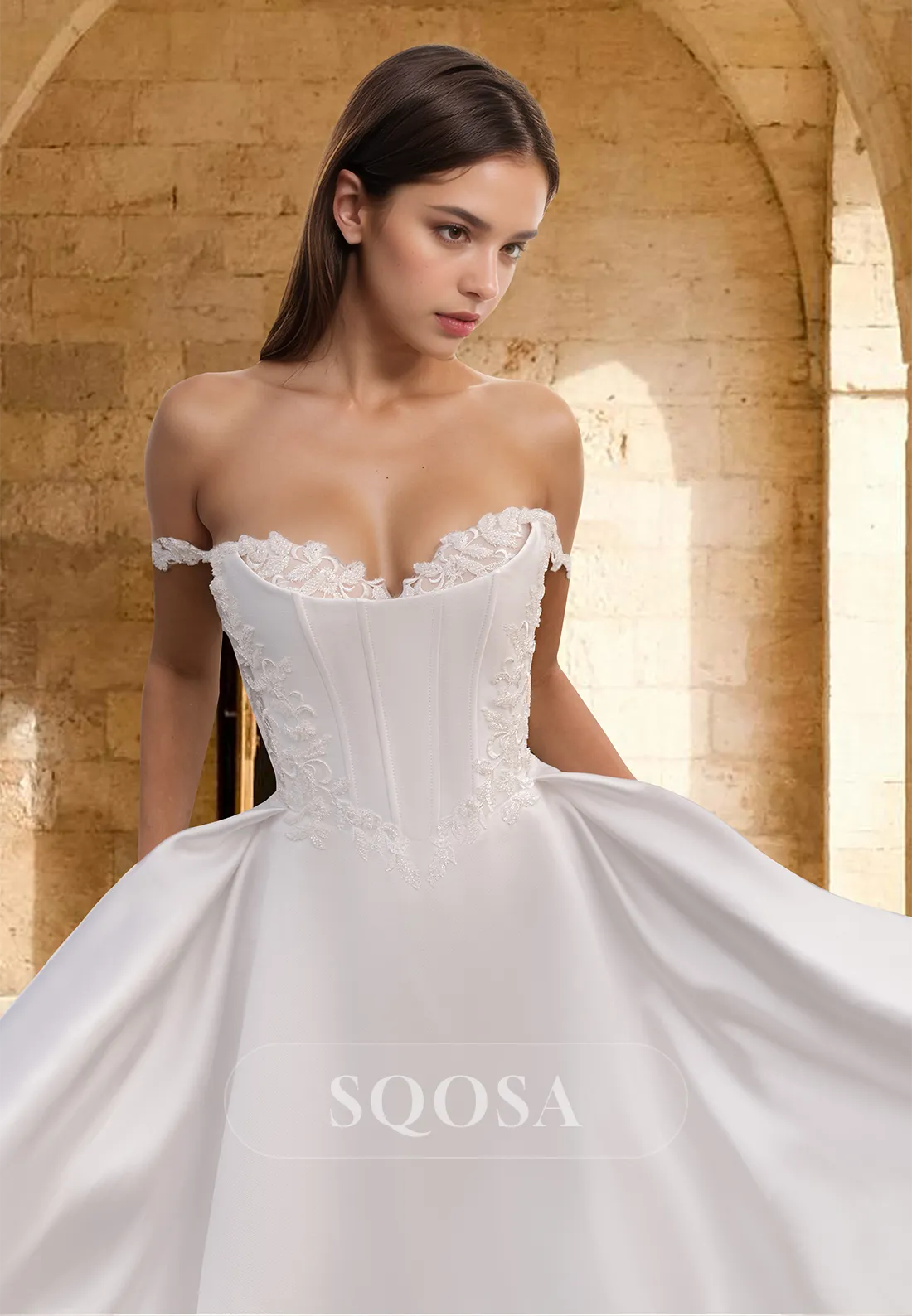 Sweetheart Sleeveless Long Chiffon Bride Gowns Off-Shoulder Lace Applique A-Line Wedding Dress