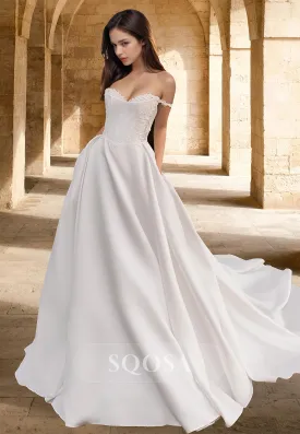 Sweetheart Sleeveless Long Chiffon Bride Gowns Off-Shoulder Lace Applique A-Line Wedding Dress