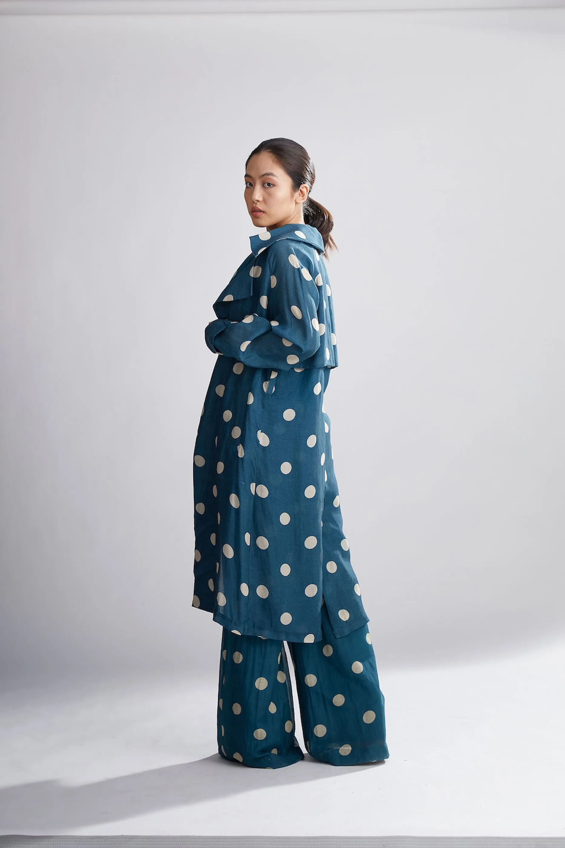 TEAL AND CREAM POLKA DOT TRENCH COVER