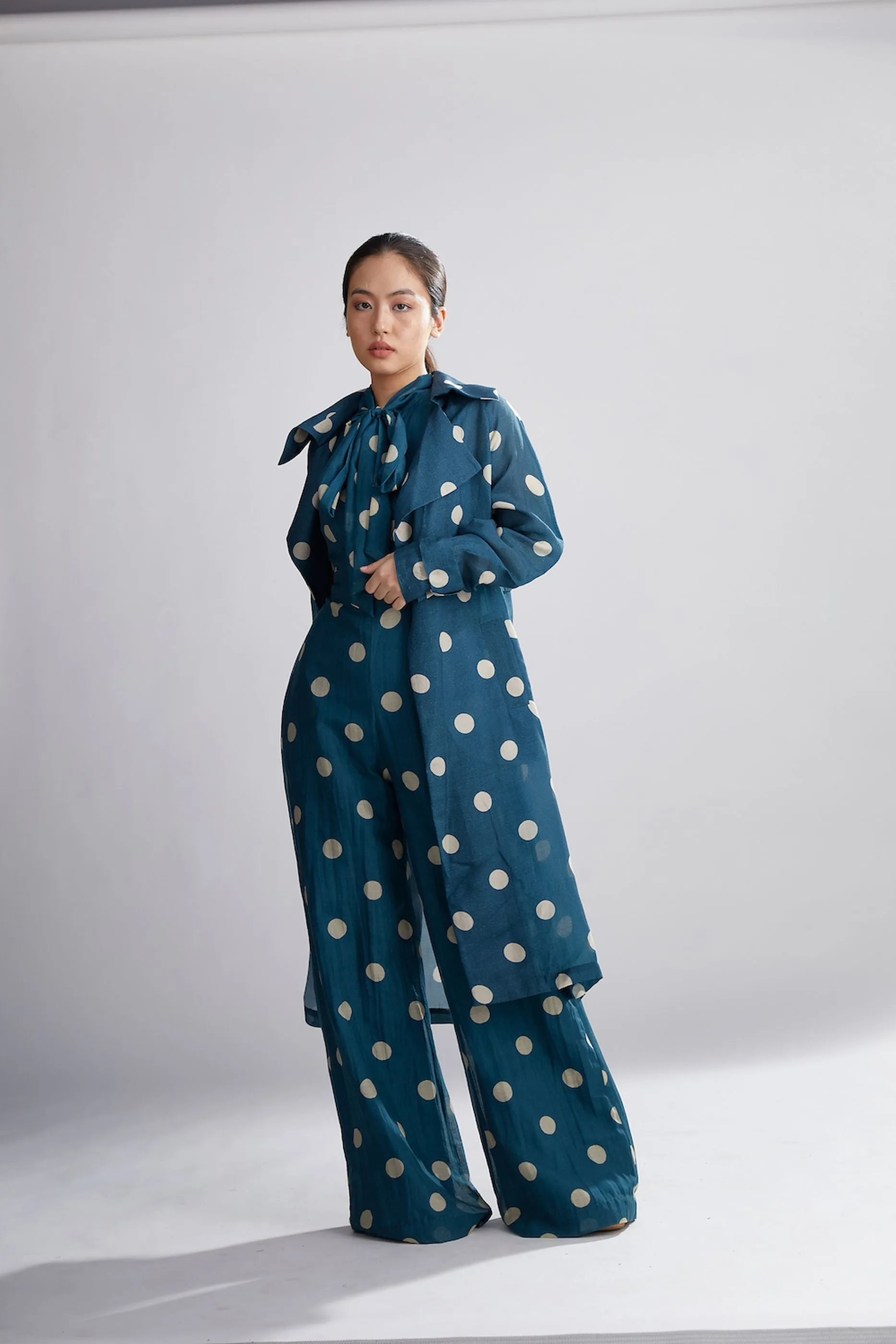 TEAL AND CREAM POLKA DOT TRENCH COVER