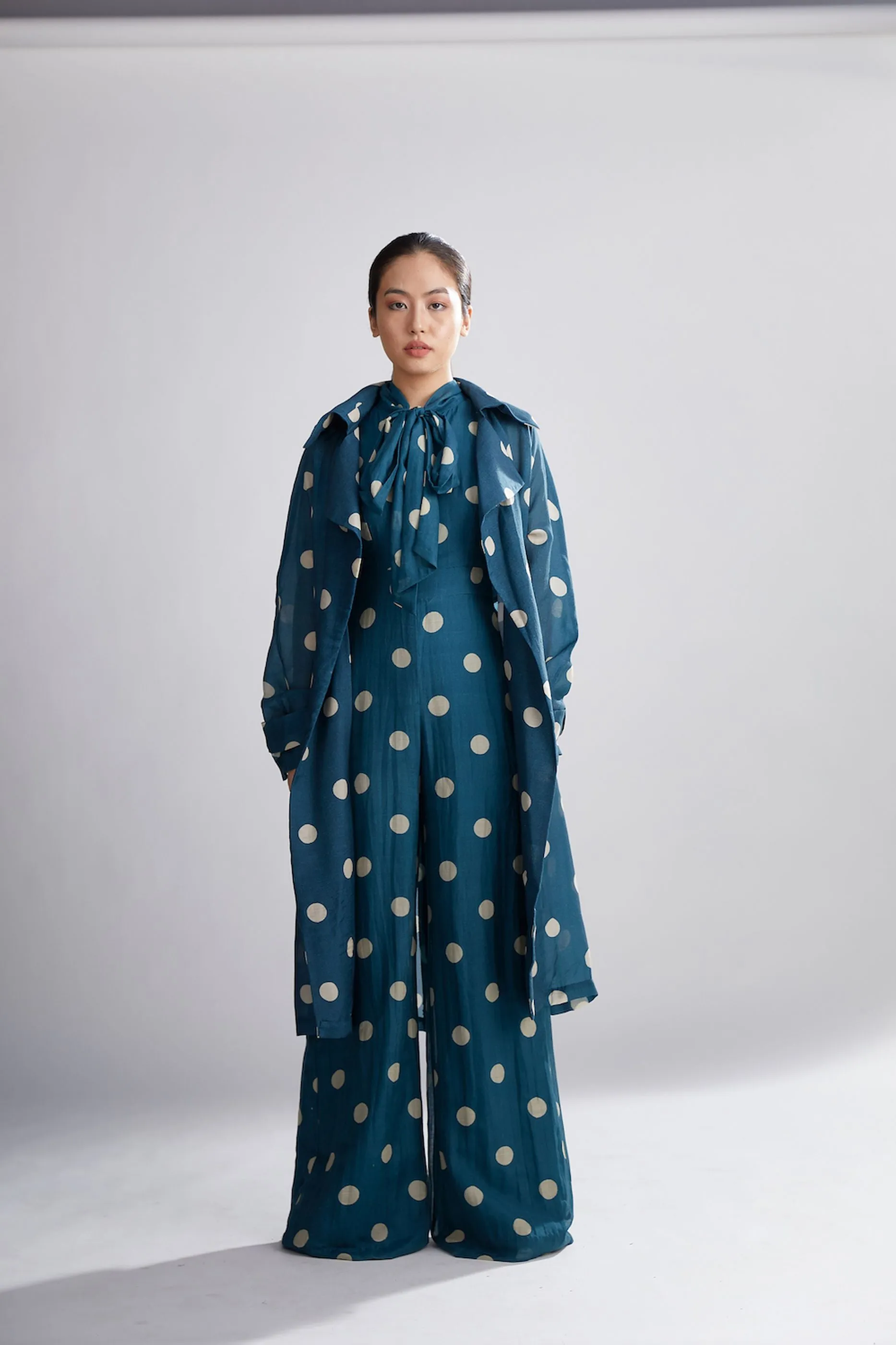TEAL AND CREAM POLKA DOT TRENCH COVER