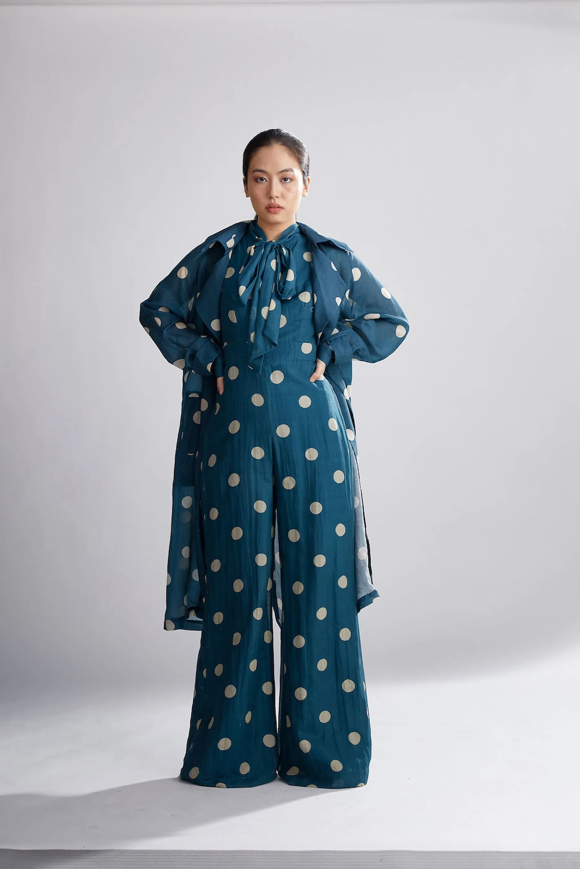 TEAL AND CREAM POLKA DOT TRENCH COVER