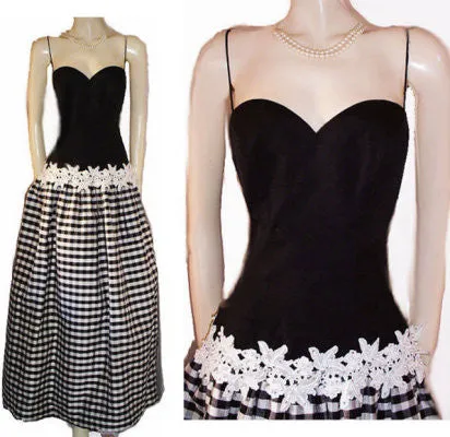 *VINTAGE ROBERT-DAVID MORTON SAKS FIFTH BLACK & WHITE SWEETHEART NECKLINE RAW SILK PLAID RHINESTONE & PEARL APPLIQUE EVENING GOWN