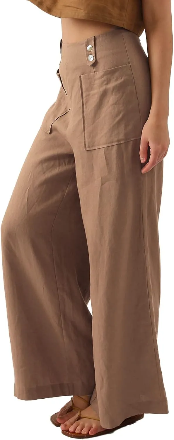 Women's 100% Linen High Waist Wide Leg Pants