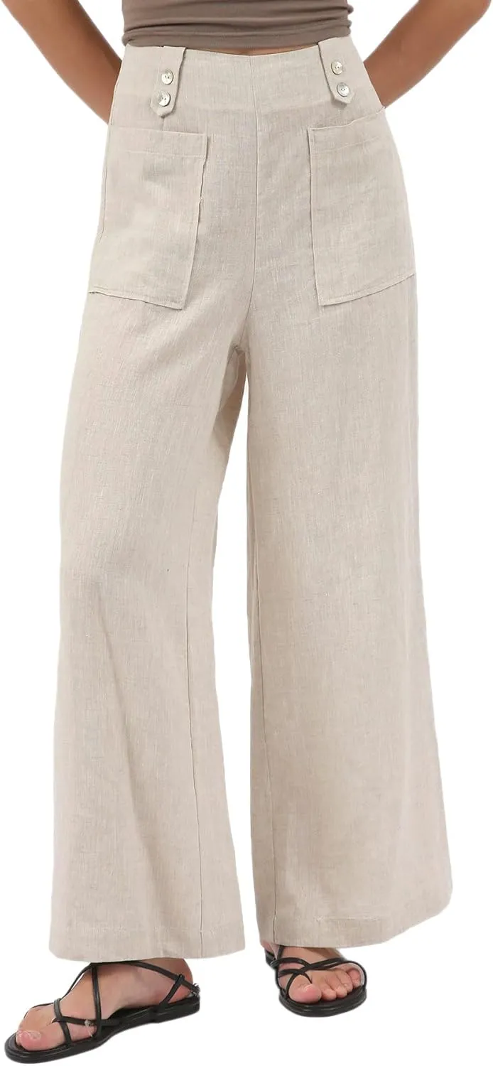 Women's 100% Linen High Waist Wide Leg Pants