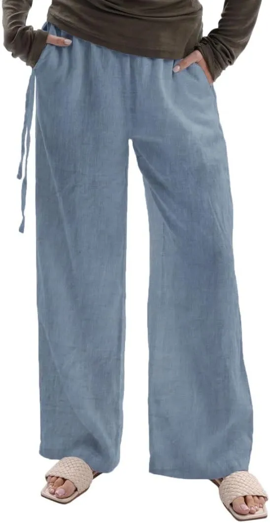 Women's 100% Linen Side Tie Wide-Leg Pants