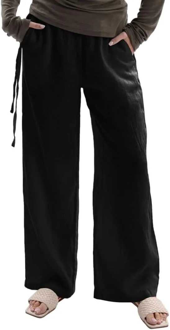 Women's 100% Linen Side Tie Wide-Leg Pants