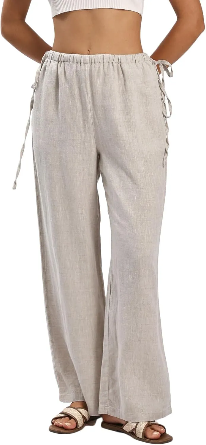 Women's 100% Linen Side Tie Wide-Leg Pants